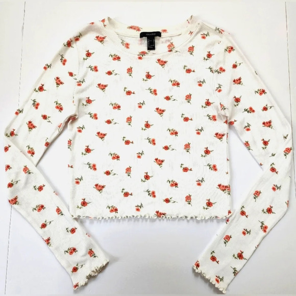 Forever 21 Semi-Cropped Ribbed Floral Print Long Sleeve No Stains, sz Medium - Picture 2 of 15